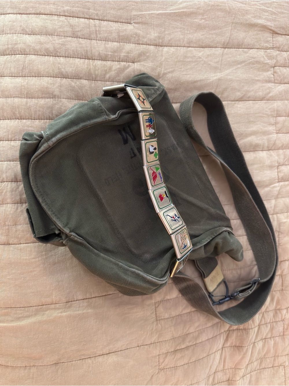 US Military Vintage M-17 Gas Mask Bag OG 107 w/ Boy Scout Belt and Brass Awards